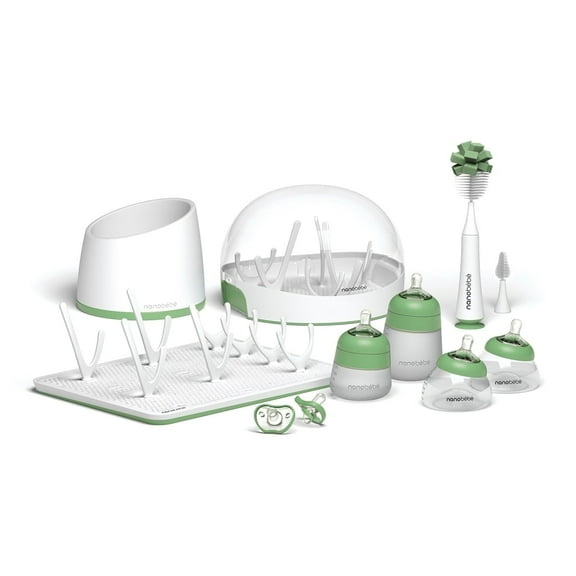 Nanobebe Baby Bottle Ultimate Feeding and Cleaning Set, Newborn to Baby, Sage
