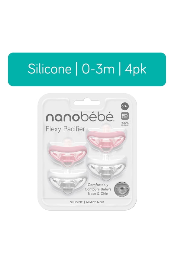 Nanobebe Baby Pacifiers, 0–3 Months, Orthodontic Silicone, Curved Face Contour, for Breastfeeding Babies, 4-Pack, White and Pink