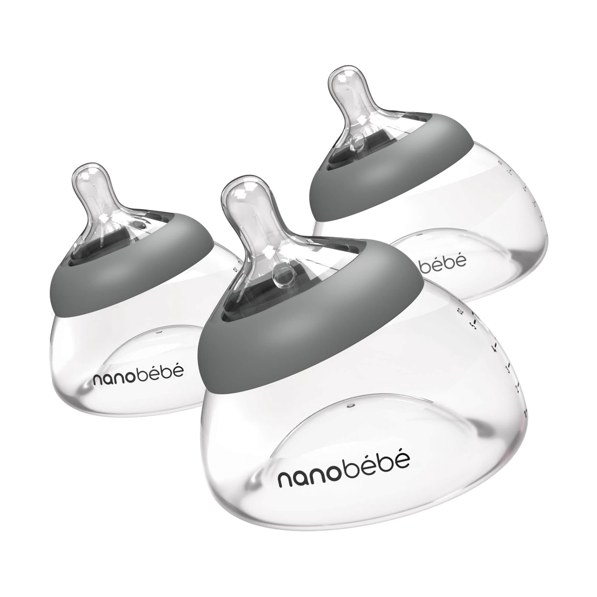 Nanobebe Breastmilk Bottle, Breastfeeding Newborn Breast-like, Anti Colic, Perfect Latch, Preserves Breast Milk Nutrients, 3-Pack, Grey