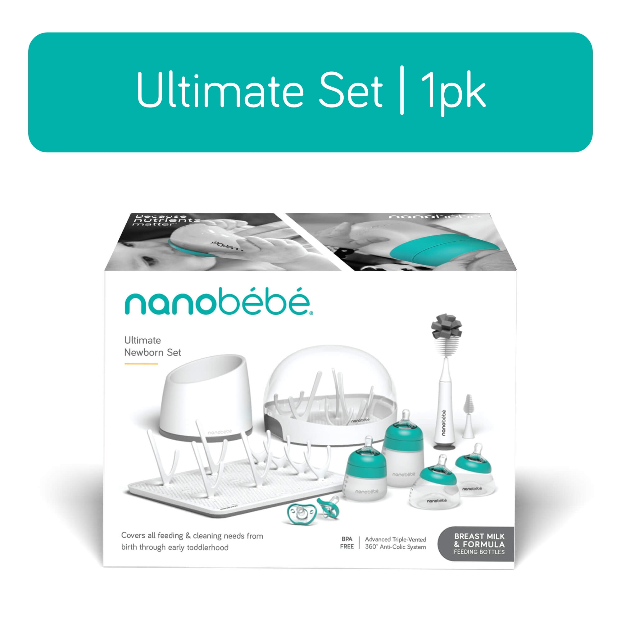 Nanobebe Complete Newborn Baby Bottle Gift Set & Accessories, Teal