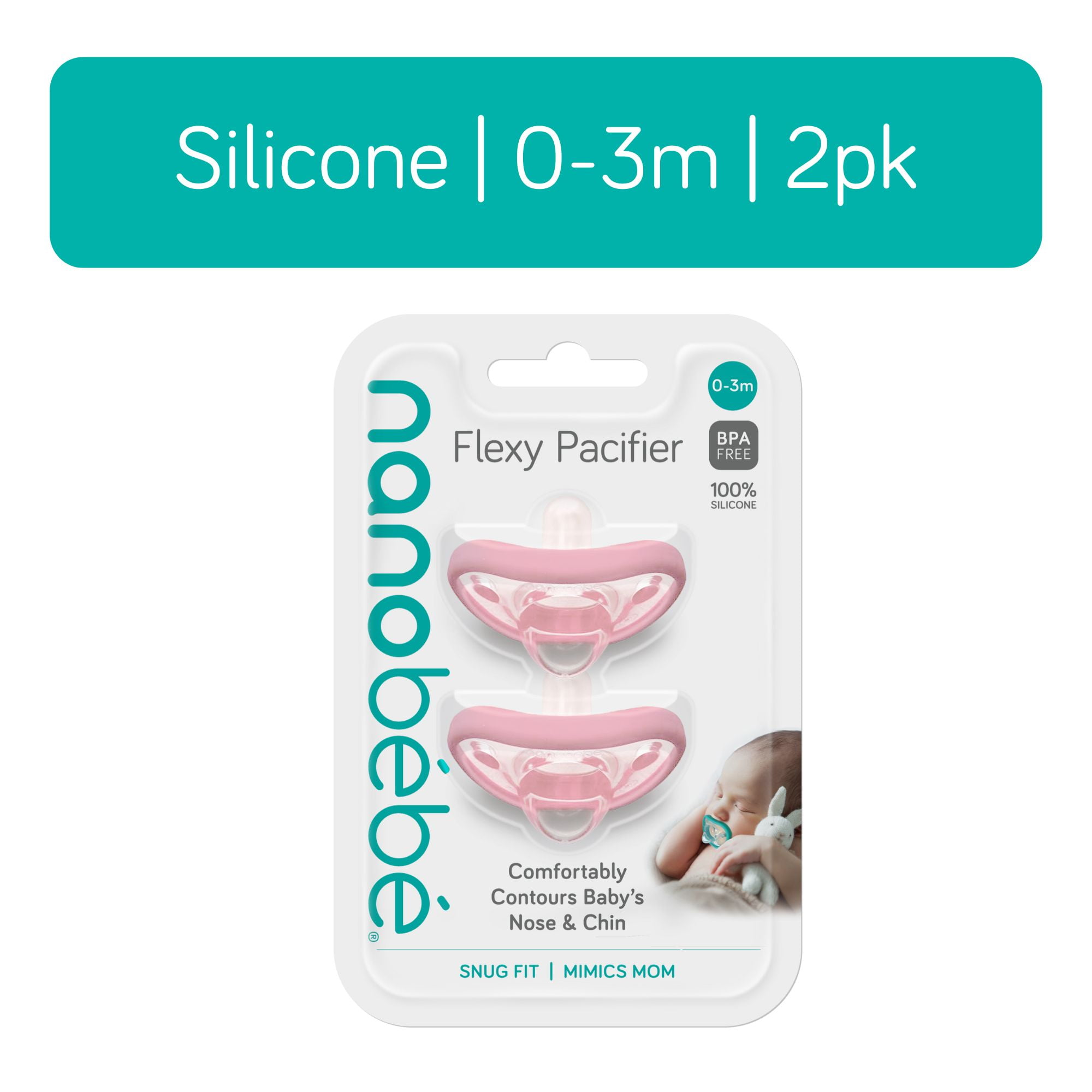 Nanobebe Flexy Baby Pacifiers, 0–3 Months, 2-Pack, Pink