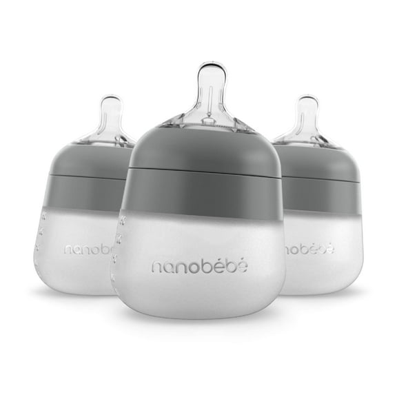 Nanobebe Flexy Silicone Baby Bottle, Anti-Colic, Natural Feel, Non-Collapsing Nipple, Non-Tip Stable Base, Easy to Clean, 3-Pack, Gray, 5 oz