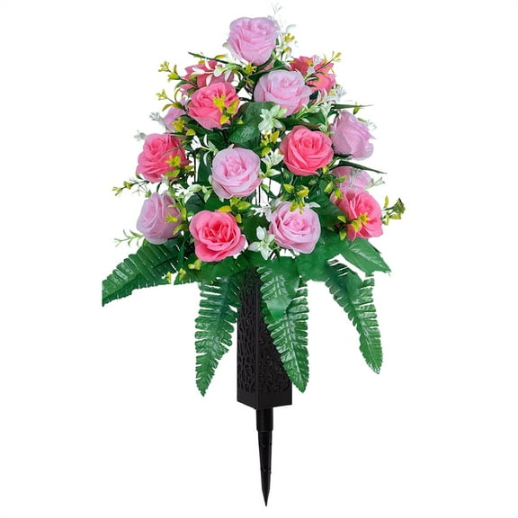 Nanoei Artificial Cemetery Flowers Bouquet with Long Nail Vases - Memorial Grave Decor, Non-Fading Outdoor Floral Tribute, Handmade Rose Arrangement for Family Remembrance
