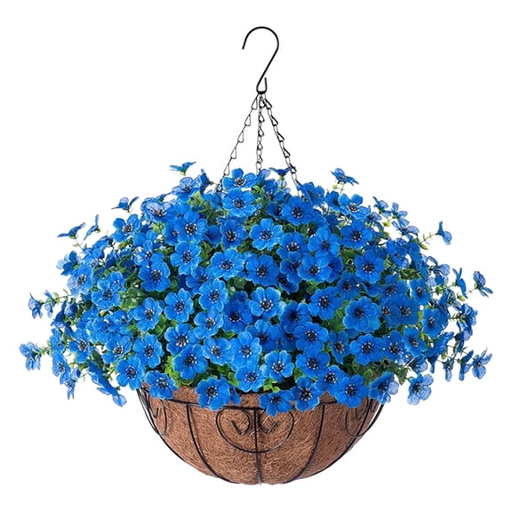 Nanoei Violet Artificial Flowers Hanging Basket, Coconut Coir Round Pot with Metal Frame, Spring Summer Outdoor Gardening Decoration Blue