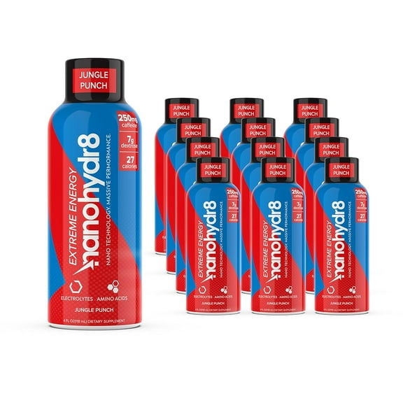 Nanohydr8 Workout Energy Drink with Nanotechnology for Fast Hydration and Electrolyte Recovery, 4 Ounce Shooter, Jungle Punch Extreme 12 Pack Jungle Punch Extreme 4 Fl Oz (Pack of 12)