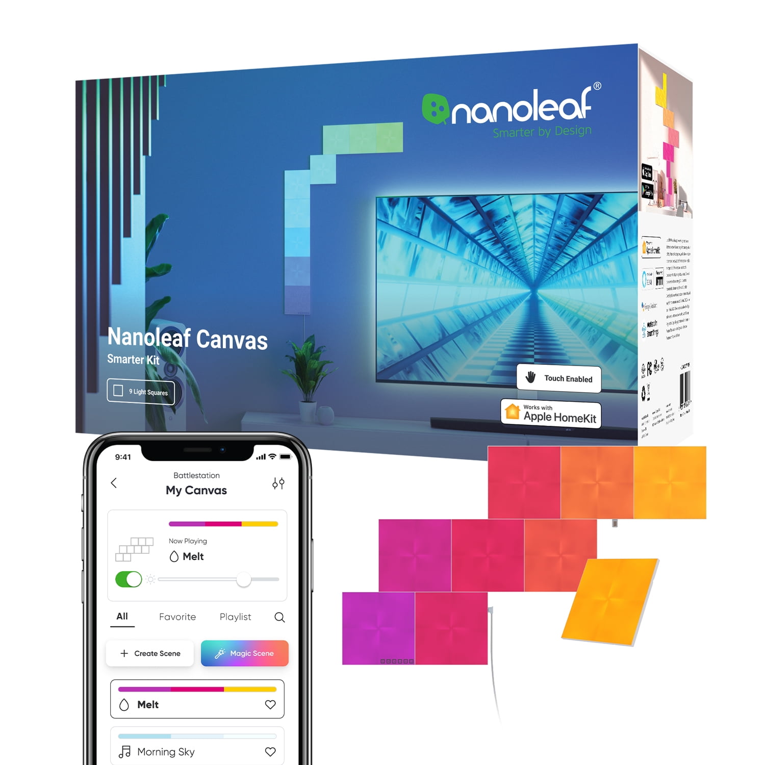 Nanoleaf Canvas Smarter Kit, RGB LED Square Wall Light Panels, 9 Panels, Indoor Use, Modern Home Decor