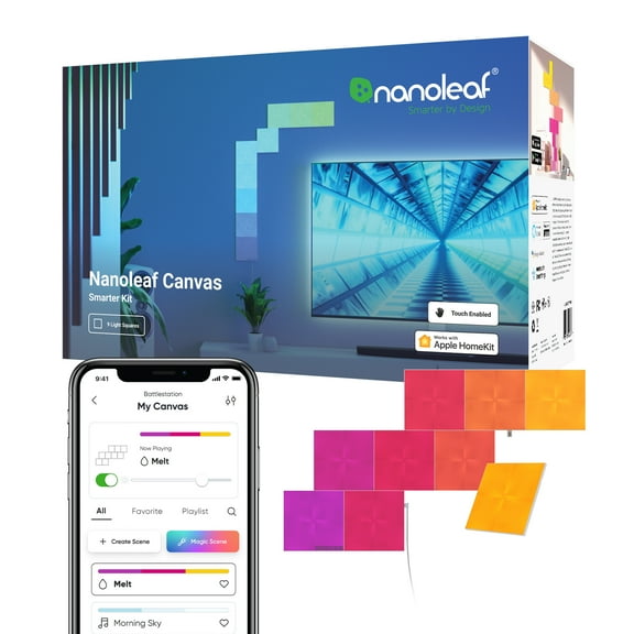 Nanoleaf Canvas Smarter Kit, RGB LED Square Wall Light Panels, 9 Panels, Indoor Use, Modern Home Decor