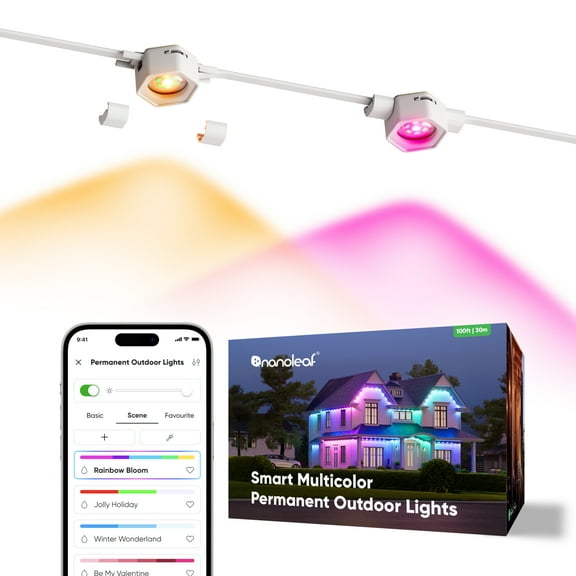 Nanoleaf 100ft Matter Smart Multicolor Permanent Outdoor Lights Smarter Kit with Side Clips – Plug-in RGBICW Addressable LED Pucks, Cuttable & Extendable