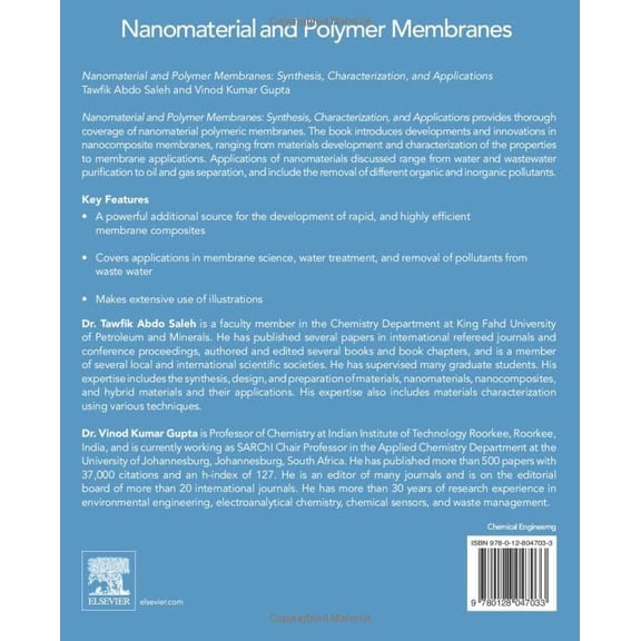 Pre-Owned Nanomaterial and Polymer Membranes: Synthesis, Characterization, and Applications [Paperback] Saleh, Tawfik Abdo and Gupta FWIF FNASc FRSC, Vinod Kumar