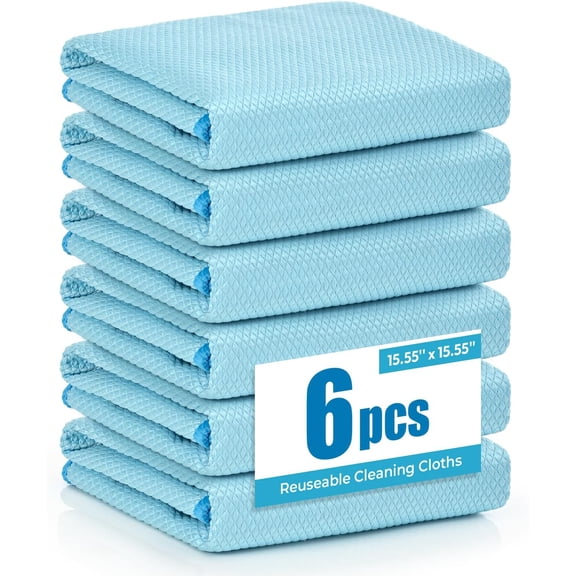 Nanoscale Microfiber Cloths 15.55x 15.55, Glass Window Mirror Stainless Steel Car Cleaning, Streak-Free, Lint-Free, Super Thick & Absorbent, Reusable, 6 Pack (Blue)
