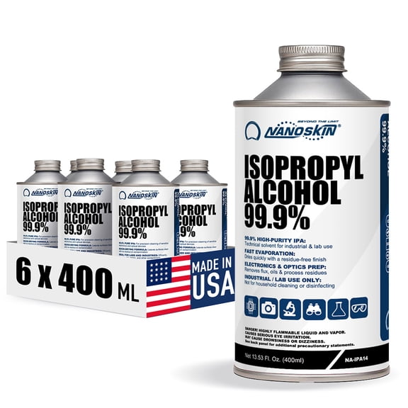 Nanoskin 99.9% Isopropyl Alcohol (IPA)  High-Purity Technical Grade Alcohol for Industrial & Laboratory Use, Fast Evaporating, Low-Residue Formula  13.5 fl oz (400 mL), 6-Pack