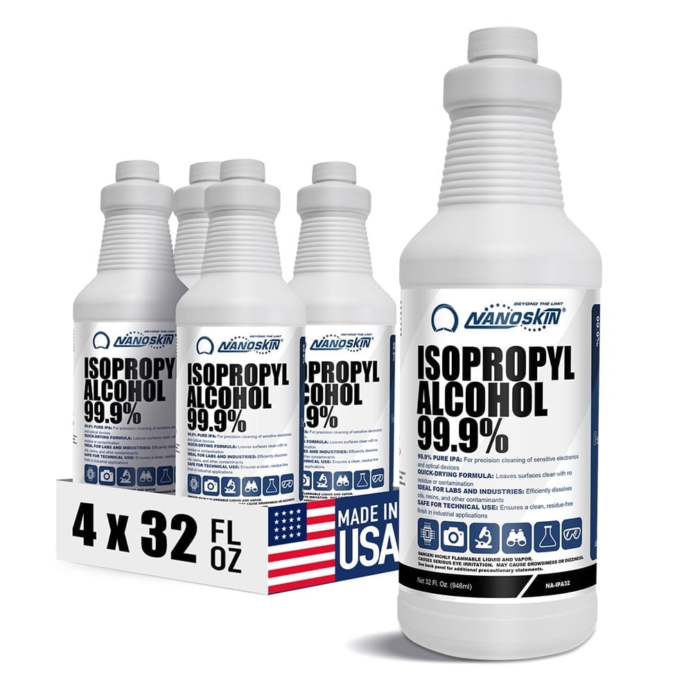 Nanoskin 99.9% Isopropyl Alcohol High-Purity IPA 32 Fl Oz (946 mL) 4-Pack (Total 128 Fl Oz / 1 Gallon) Fast Evap, No Residue Solvent for Electronics, PCB, 3D Print, Optics, Auto | Rubbing Alcohol