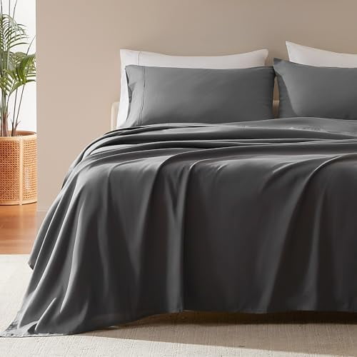 Nanotex Super Soft Cooling Twin Bed Sheets Set for Kids 3 Piece - Easy Care Fitted Flat Sheet & Pillowcase Sets - Wrinkle Free, Fade Resistant, Deep Pocket 16" (Gray, Twin)