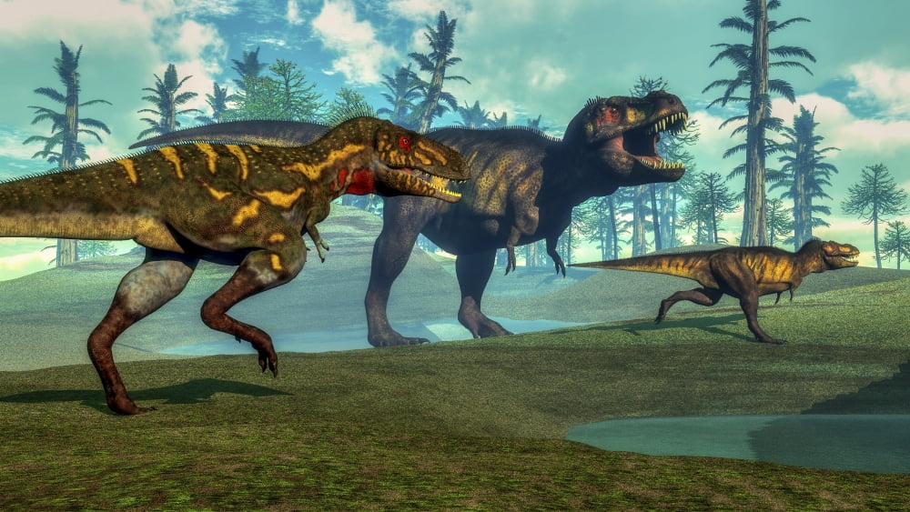 Nanotyrannus hunting a small Tyrannosaurus next to its parent Canvas Art - Elena DuvernayStocktrek Images (37 x 21)