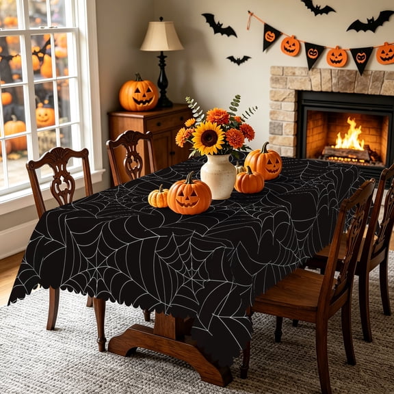 Nanqianyi 52x70 Inch Black Spider Web Halloween Tablecloth,Polyester Table Cover for Holiday Family Party Decor