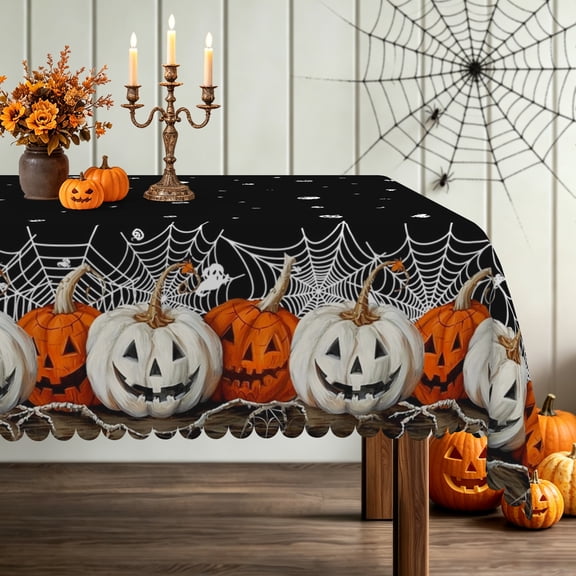 Nanqianyi 52x70 Inch Halloween Pumpkin Ghost Tablecloth,Stain Resistant Washable Polyester Table Cover for Holiday Dinner Decor