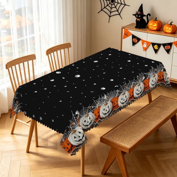 Nanqianyi 52x70 Inch Halloween Pumpkin Ghost Tablecloth,Stain Resistant Washable Polyester Table Cover for Holiday Dinner Decor