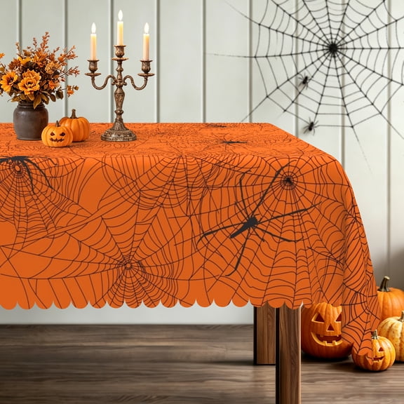 Nanqianyi 52x70 Inch Orange Spider Web Tablecloth,Stain Resistant Washable Table Cover for Halloween