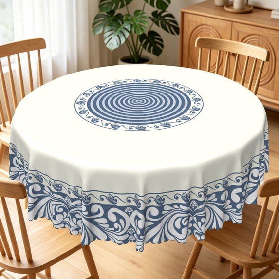 Nanqianyi 60 Inch Round Tablecloth,Blue Damask Pattern,Washable Wrinkle Resistant Table Cover