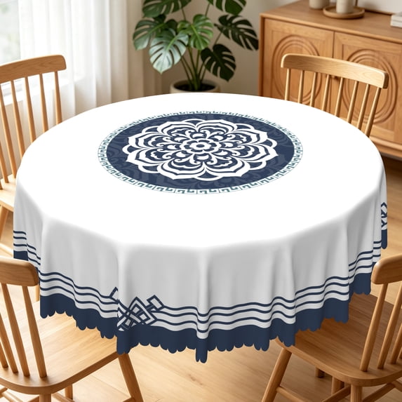 Nanqianyi 60 Inch Round Tablecloth,Navy‑Blue Floral,Washable Table Cover for Kitchen Dining Party Decor