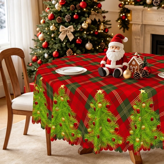Nanqianyi 70 inch Round Christmas Table Cloth, Red Plaid XMAS Trees Circular Tablecloths Waterproof Polyester Fabric Washable Table Cover for Kitchen Decor