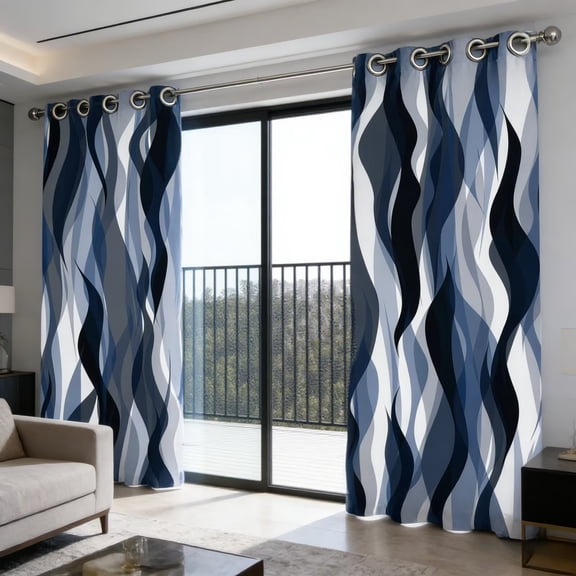 Nanqianyi Abstract Blue Wavy Striped Blackout Curtains, Modern Geometric Wave Print Room Darkening Drapes with Grommets for Living Room Bedroom, 2 Panels, 42"W x 63"L