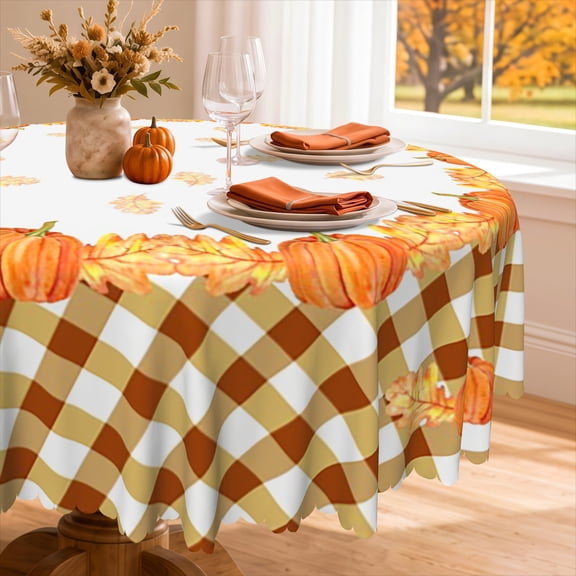 Nanqianyi Autumn Pumpkins Fruit Round Tablecloth 60 inch, Brown Checkered Pattern for Kitchen Table Dinner Decoration