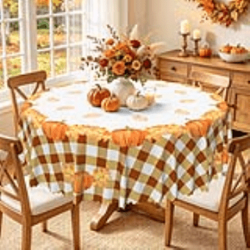 Nanqianyi Autumn Pumpkins Fruit Round Tablecloth 60 inch, Brown Checkered Pattern for Kitchen Table Dinner Decoration