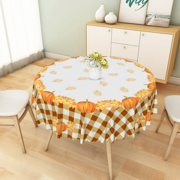 Nanqianyi Autumn Pumpkins Fruit Round Tablecloth 60 inch, Brown Checkered Pattern for Kitchen Table Dinner Decoration