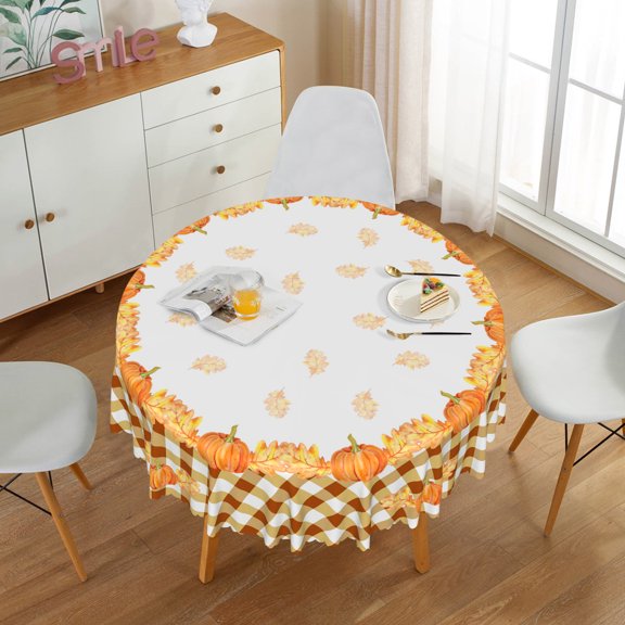 Nanqianyi Autumn Pumpkins Fruit Round Tablecloth 60 inch, Brown Checkered Pattern for Kitchen Table Dinner Decoration
