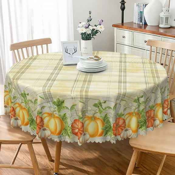 Nanqianyi Autumn Round Tablecloth 70 Inch Orange Pumpkin Plaid Circle Table Cloth Cover for Kitchen Dining Fall Farmhouse Decor