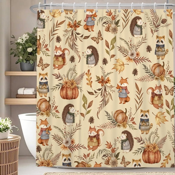 Nanqianyi Autumn Waterproof Shower Curtain,Kids Bath Polyester Curtain Set With Hooks,72 x 84 Inch,Cartoon Woodland Animals Decor