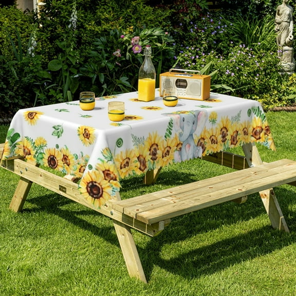 Nanqianyi Baby Shower Child Birthday Party Tablecloth 60" x 102", Sunflowers Elephant Pattern Kitchen Dinner Decoration