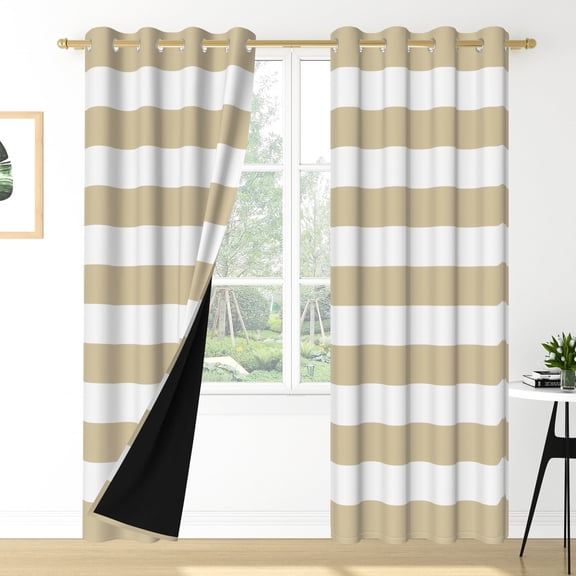 Nanqianyi Beige Striped Blackout Curtains, Classic Horizontal Stripe Grommet Drapes for Bedroom, Thermal Insulated Room Darkening Curtains 2 Panels Set 42x84 Inch