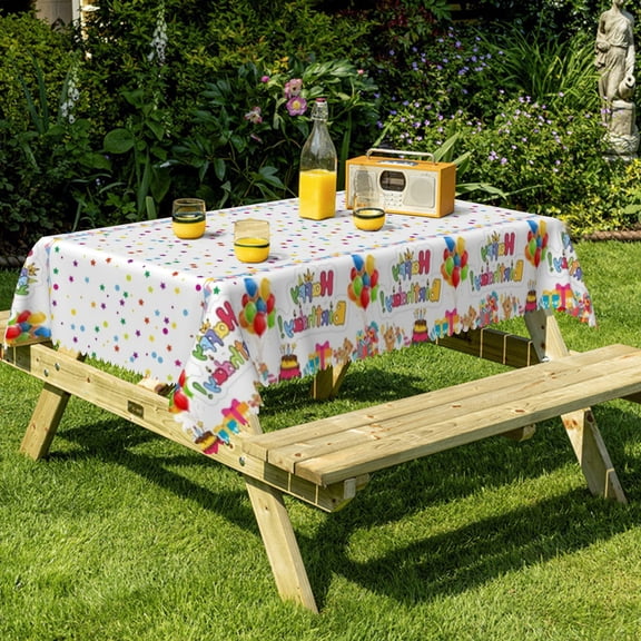 Nanqianyi Birthday Party Tablecloth 54" x 72", Cake Balloons Confetti Pattern for Kitchen Table, Outdoor Dinning Decor