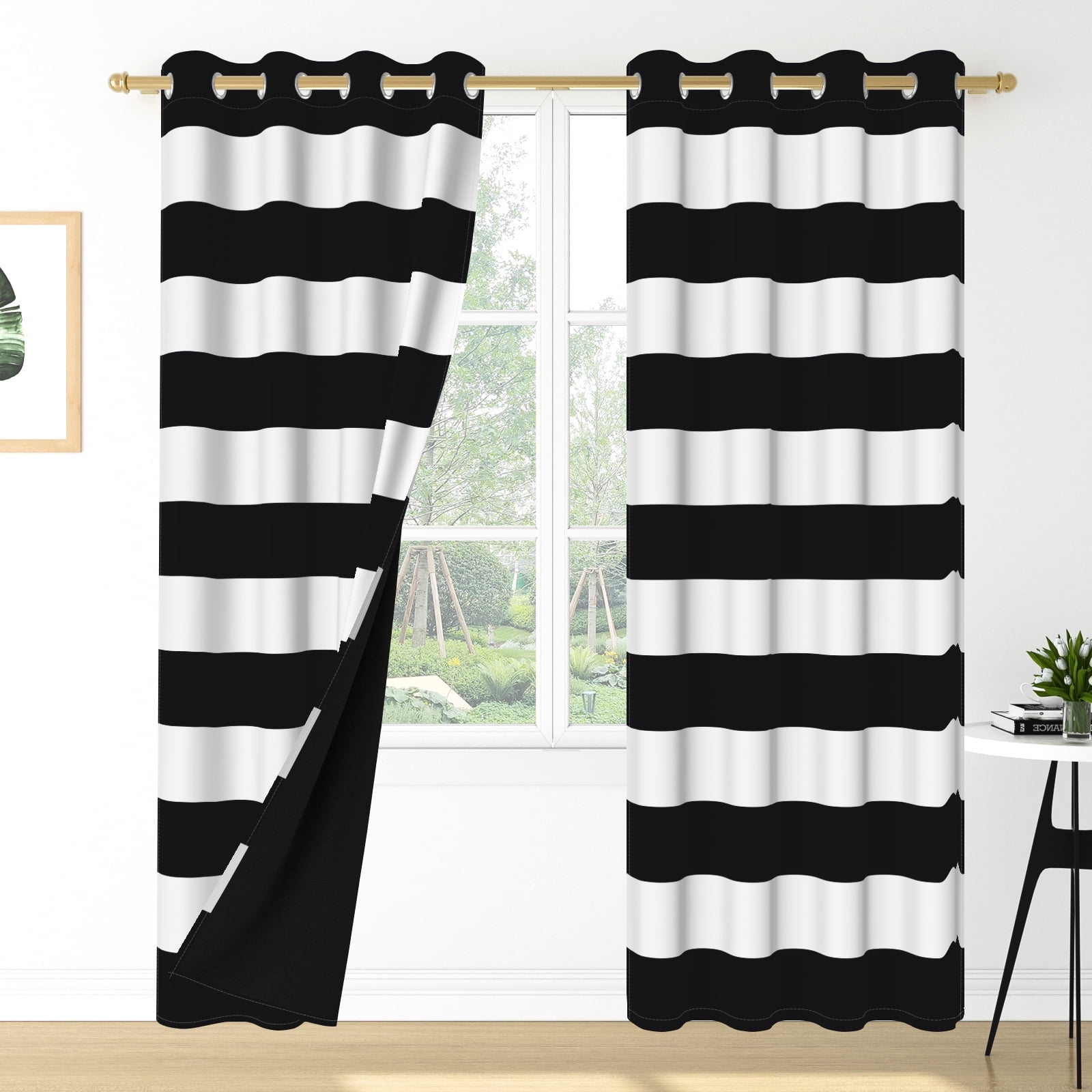 Nanqianyi Black White Horizontal Striped Blackout Curtains, Thermal Insulated Classic Grommet Drapes for Bedroom Living Room, 2 Panels 42"W x 84"L
