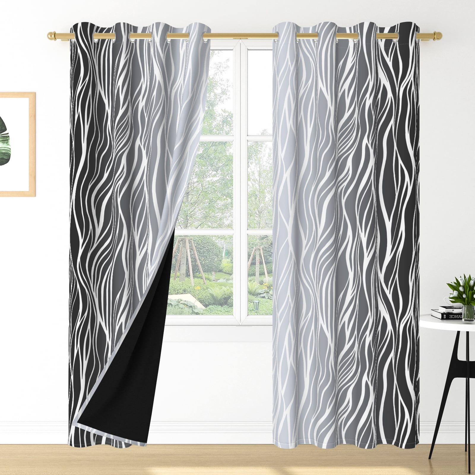 Nanqianyi Black and Grey Ombre Blackout Curtains 42" Wx63" L for Bedroom Living Room, Gradient Wavy Line Thermal Insulated Grommet Drapes 2 Panels