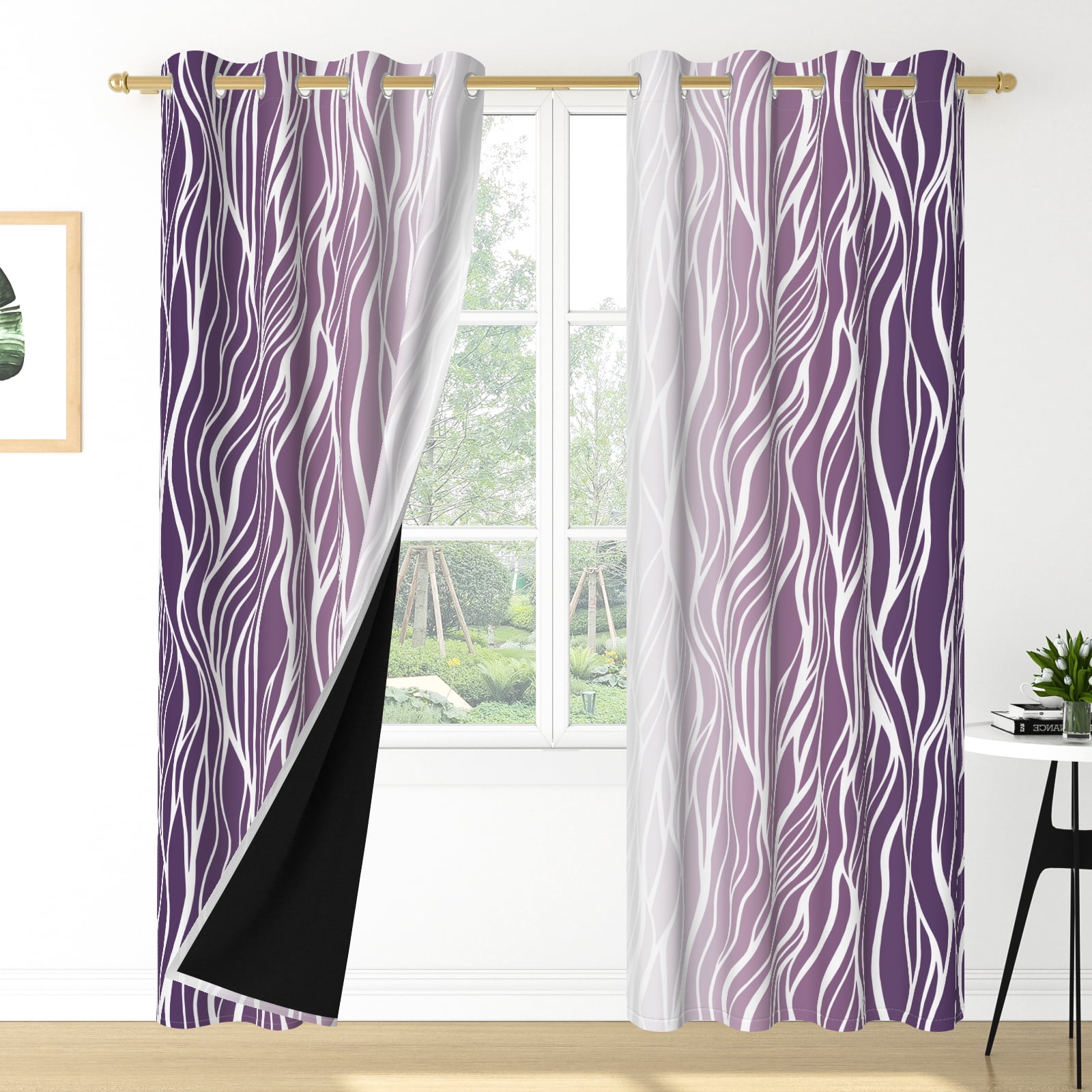 Nanqianyi Blackout Curtains Ombre Purple with White Wave Striped for Bedroom Living Room, Grommet Thermal Insulated Window Drapes, 42 x 63 Inch, 2 Panels