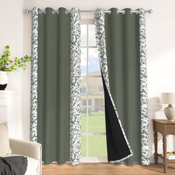 Nanqianyi Blackout Curtains,Thermal Insulated Grommet Window Drapes,Dark Olive Green Floral Border,2 Panels,42x63 inch