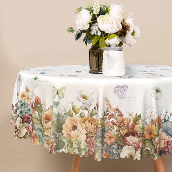 Nanqianyi Blooms Floral & Butterflies Round Tablecloth 60 inch Dreamy Garden Flowers Perfect For Kitchen, Dinner Decor
