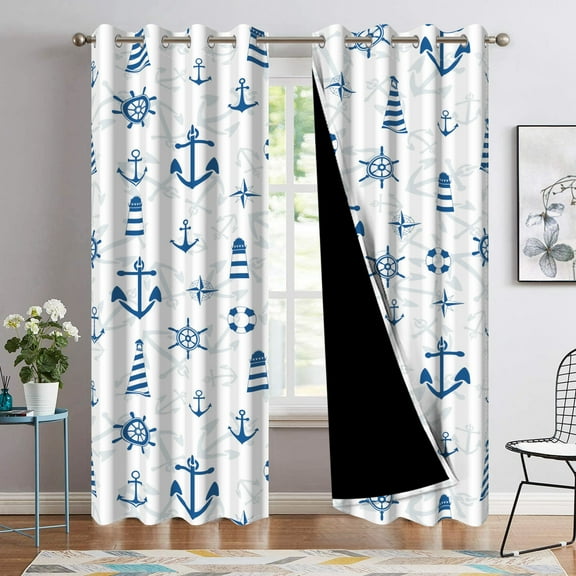 Nanqianyi Blue Lighthouses Anchors Pattern Blackout Grommet Curtains 42"W x 84"L, Blue Nautical for Kids Bedroom Curtains, 2 Panels