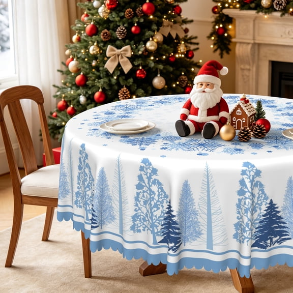 Nanqianyi Blue Snowflake Christmas Tablecloth Round 70 inch, Winter XMAS Tree Printed Washable Table Cloth for Festive Party Kitchen Decoration