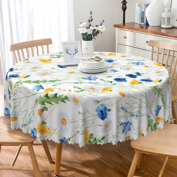 Nanqianyi Blue Wildflowers Daisy Round Tablecloth 70 inch Colorful Watercolor Perfect For Indoor Kitchen, Picnic Decor