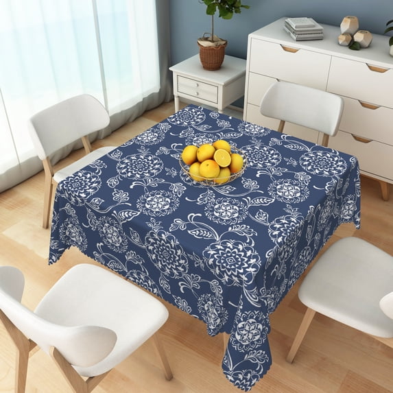 Nanqianyi Bohemian Blue Flower Tablecloth,70x70Inch,Indoor Outdoor Party Waterproof Table Cover