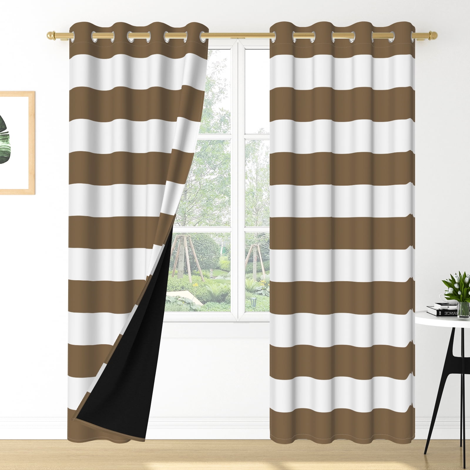Nanqianyi Brown Striped Blackout Curtains Panel Pair, 42"x84", Grommet Top Thermal Insulated Drapes for Bedroom Living Room