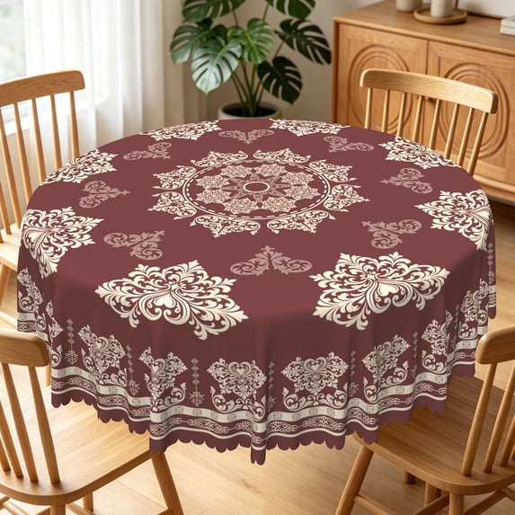 Nanqianyi Burgundy Damask Round Tablecloth,60 Inch,Waterproof Floral Table Cover for Farmhouse Dining Holiday Gathering
