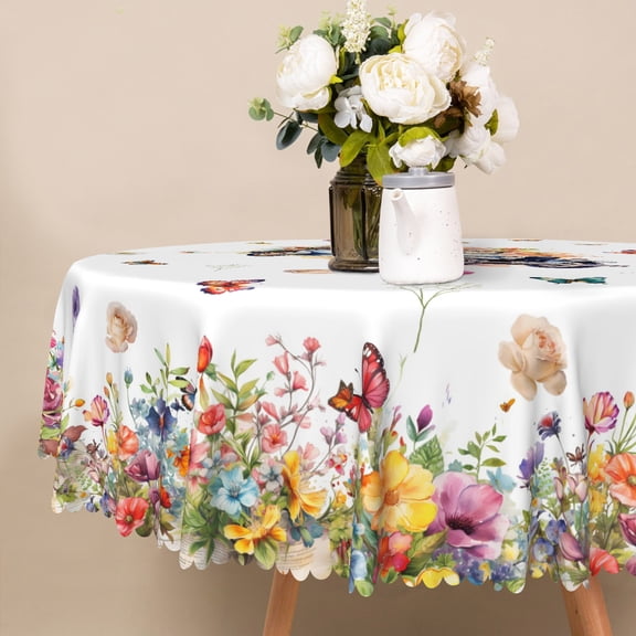 Nanqianyi Butterflies Floral & Vintage Car Round Tablecloth 60 inch, Washable Table Cover for Kitchen Dinner Decoration