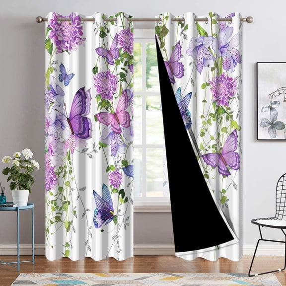 Nanqianyi Butterfly Blackout Curtain, Purple Floral Leaves Plant Window Curtains for Living Room Bedroom, Grommet Drapes 42" W x 63" H (2 Panels)