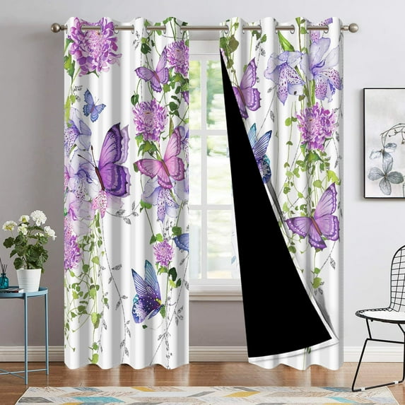 Nanqianyi Butterfly Blackout Curtain, Purple Floral Leaves Plant Window Curtains for Living Room Bedroom, Grommet Drapes 42" W x 96" H (2 Panels)