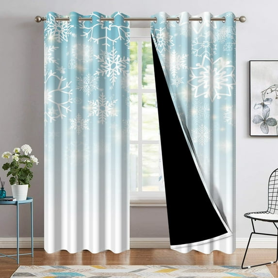 Nanqianyi Christmas Curtains - 2 Panel Set, 42" L x 63" W, White with Blue Snowflake Pattern, Thermal Insulated Blackout Drapes for Living Room & Bedroom